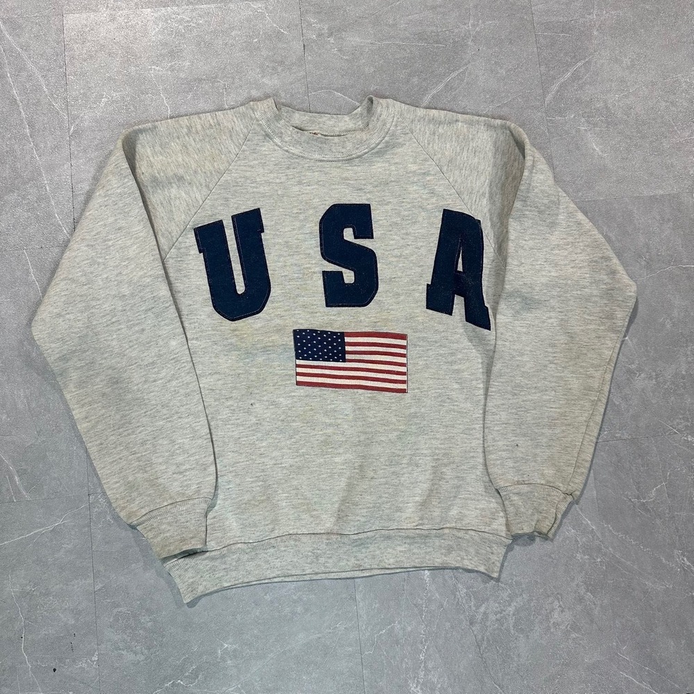 Vintage Jerzees USA Flag Sweatshirt Gray Raglan Pullover Made in USA Medium